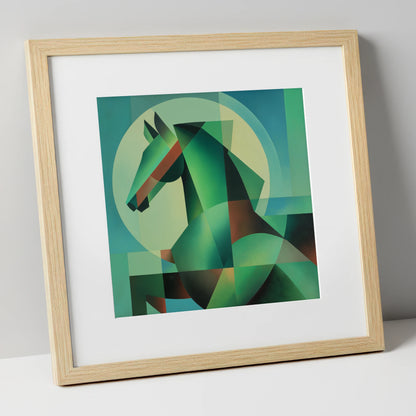 Geometric Emerald Profile horse portrait art print in natural frame