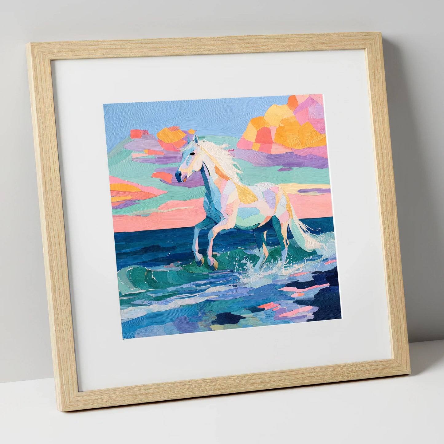 Vibrant Coastal Canter beach horse art print in natural frame