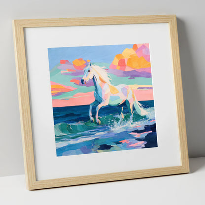 Vibrant Coastal Canter beach horse art print in natural frame
