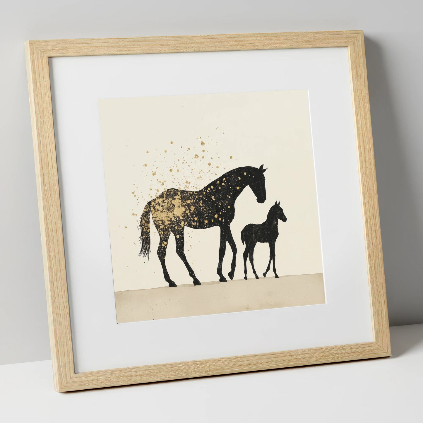 Gilded Bonds mare & foal art print in natural frame