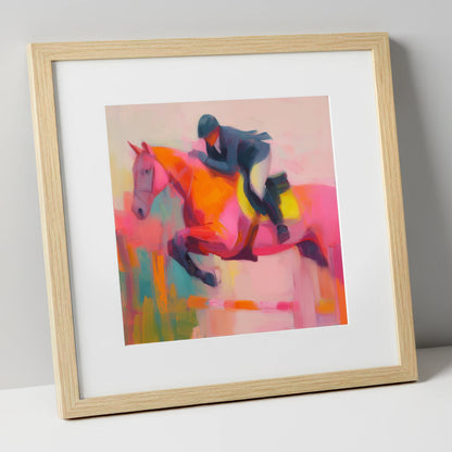 Flight in Vibrant Colour show jumping horse art print in natural frame