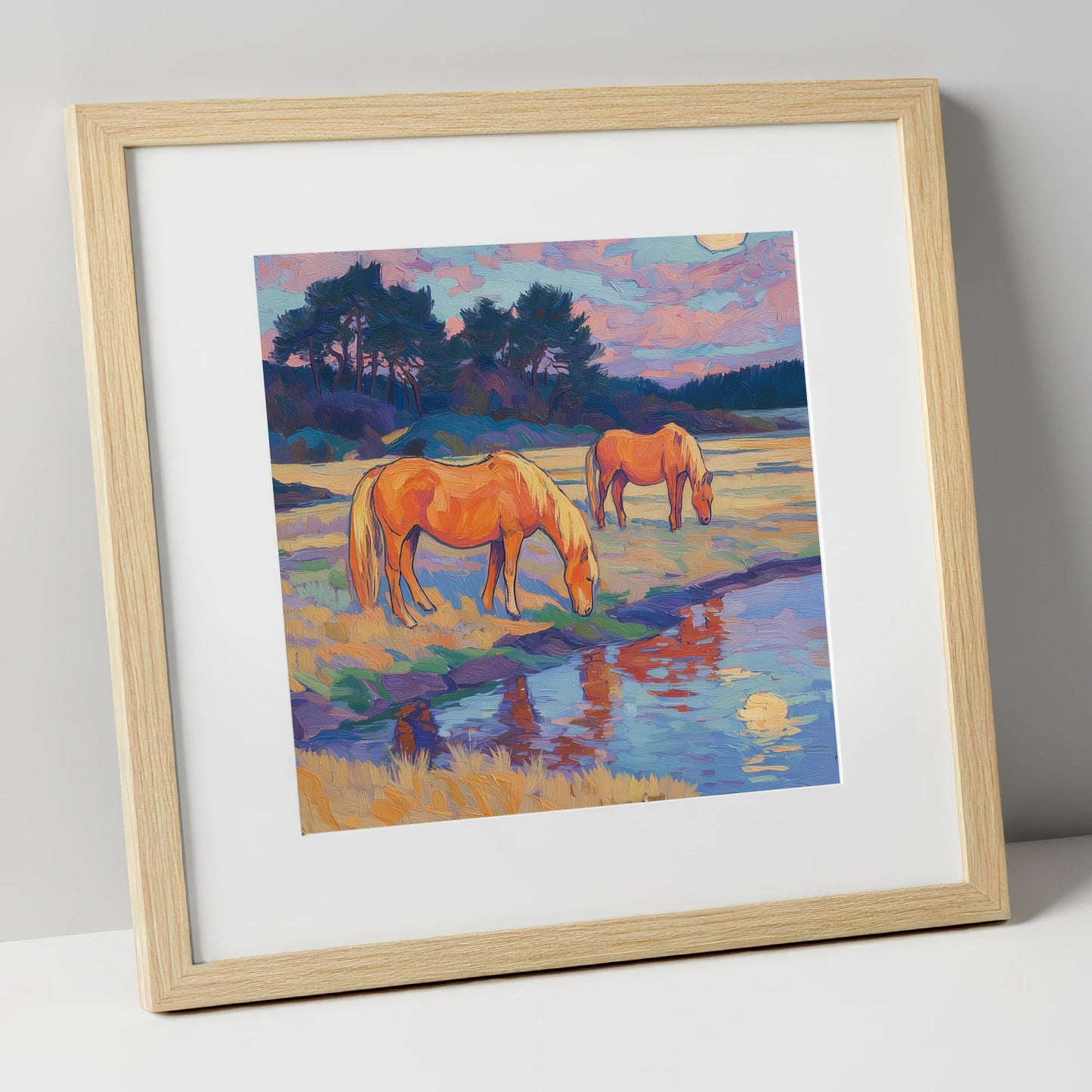 Evening Pasture Reflections horse landscape art print in natural frame