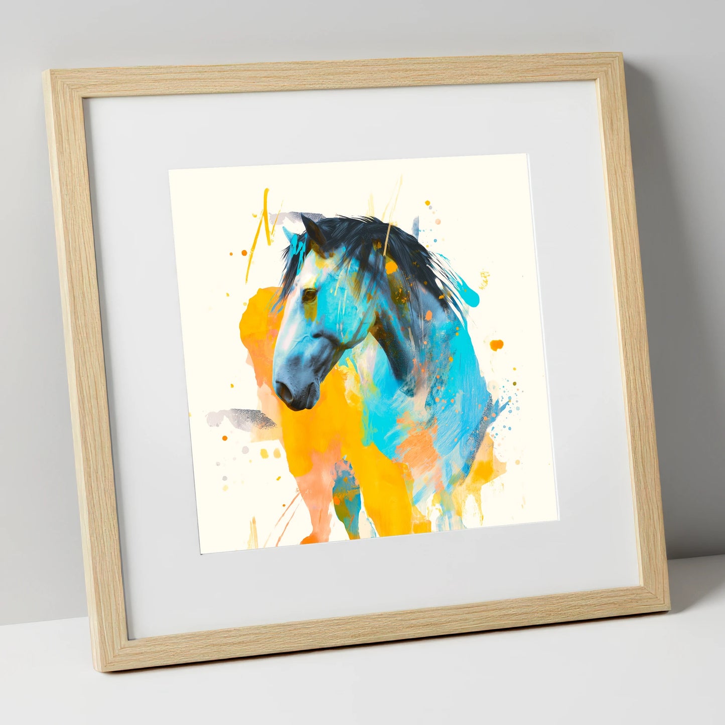 Azure Spirit horse portrait art print in natural frame