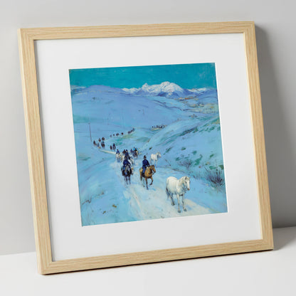 Alpine Winter Cavalcade horse landscape art print in natural frame