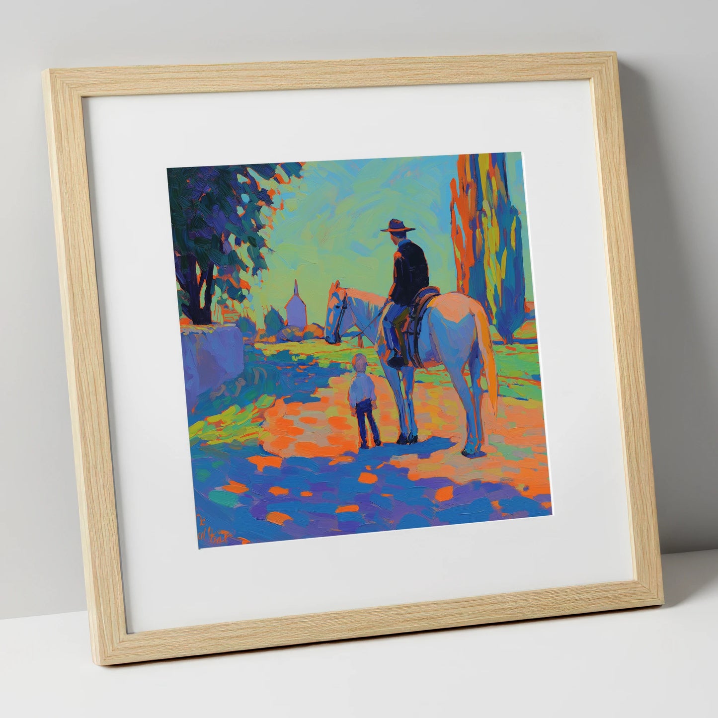 The Young Admirer horse & rider art print in natural frame