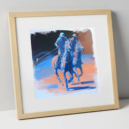 Cobalt Polo Pursuit polo horse art print in natural frame