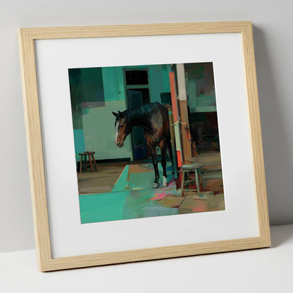 Quiet Yard in Teal horse stable art print in natural frame