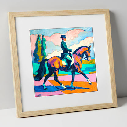 Vibrant Dressage Rhythm dressage horse art print in natural frame