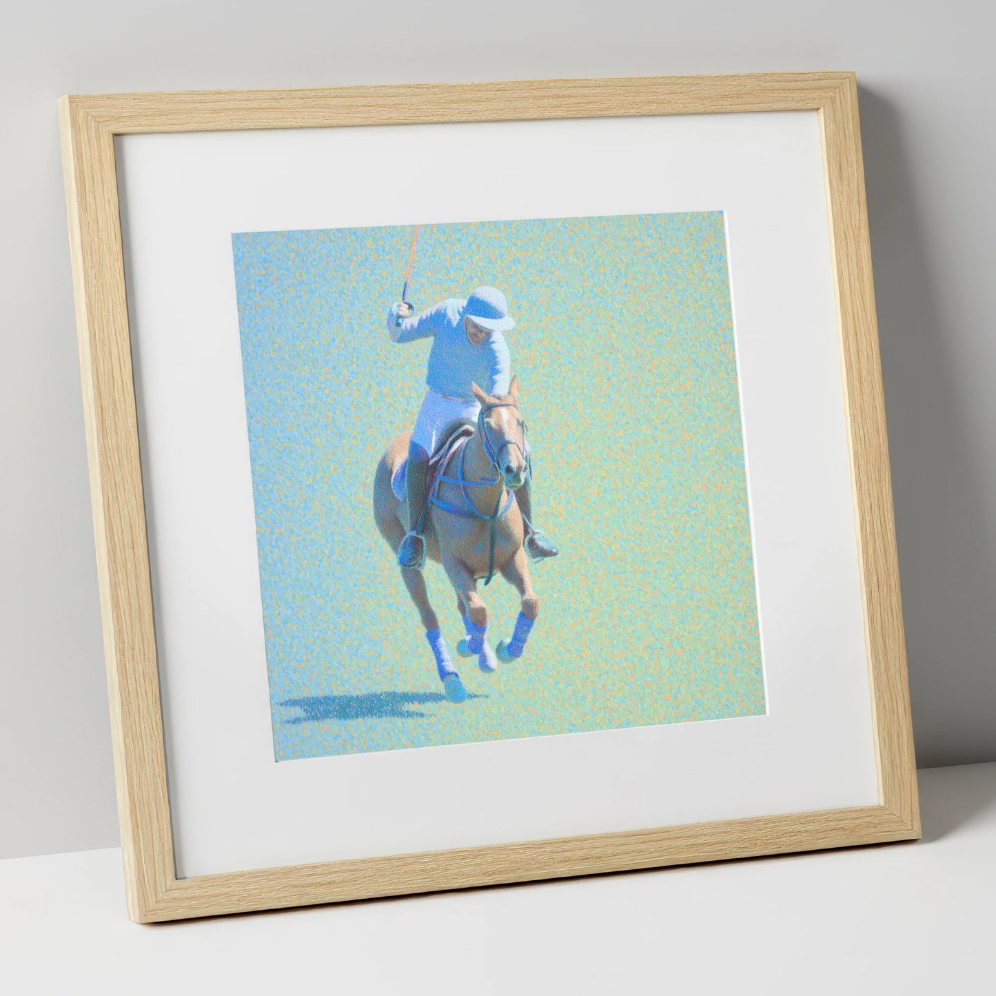 The Shimmering Chukka polo horse art print in natural frame