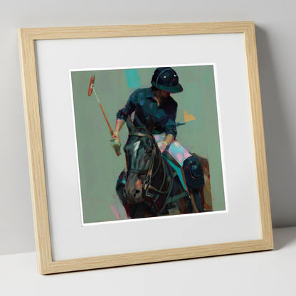 The Decisive Strike polo horse art print in natural frame