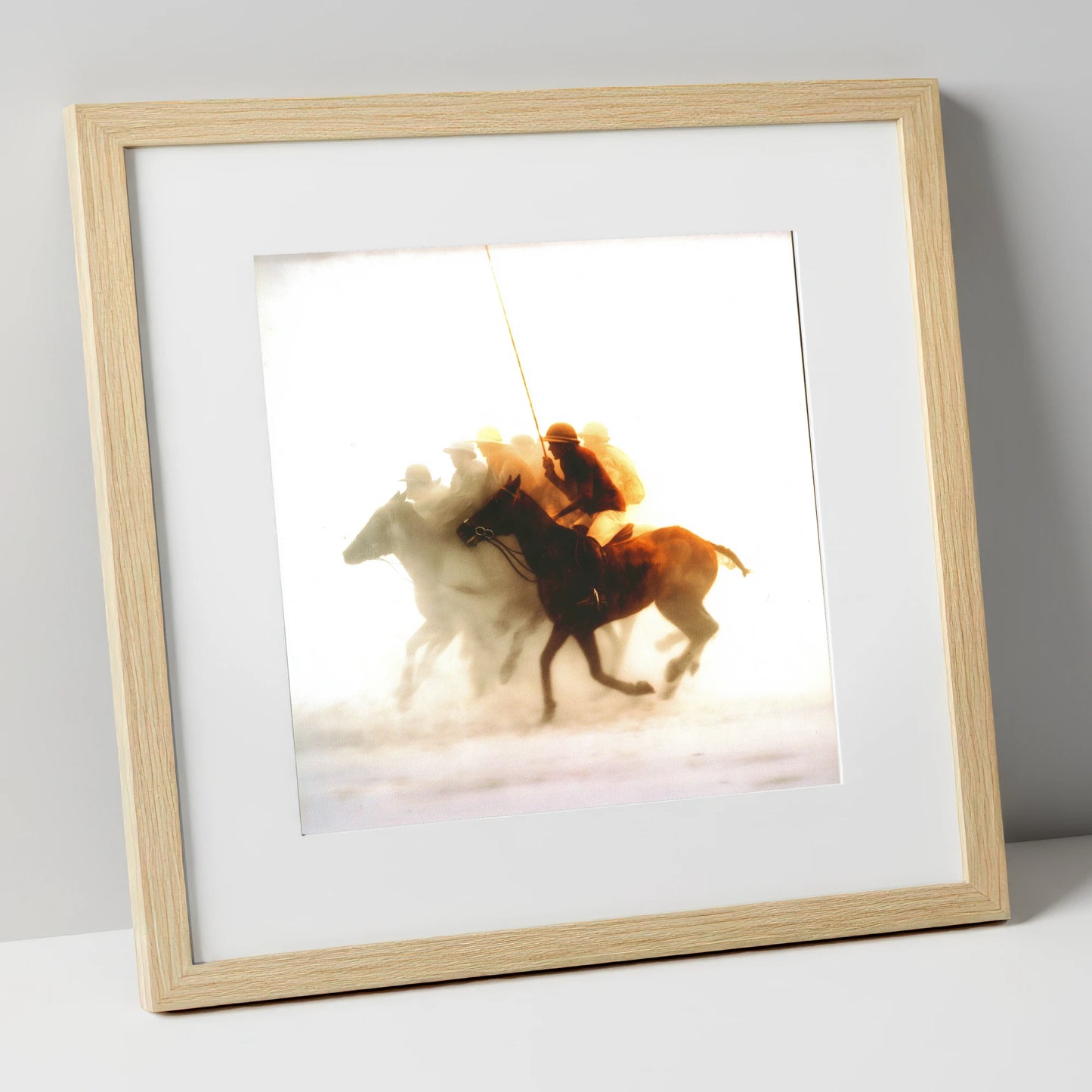 Through the Golden Haze polo horse art print in natural frame
