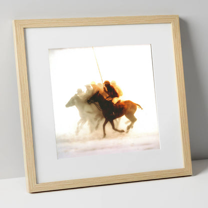 Through the Golden Haze polo horse art print in natural frame
