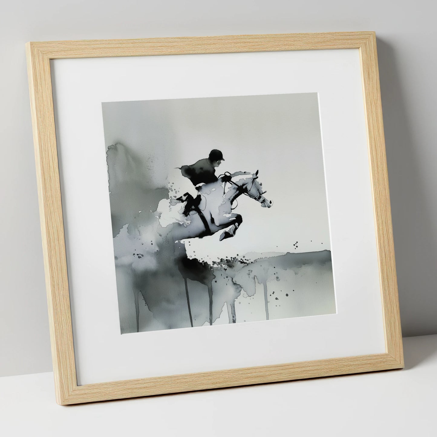 Airborne Shadows show jumping horse art print in natural frame
