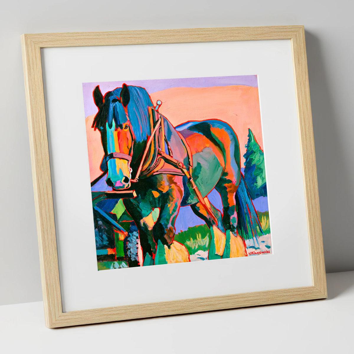 Vibrant Heavy Horse in Harness horse breed art print in natural frame