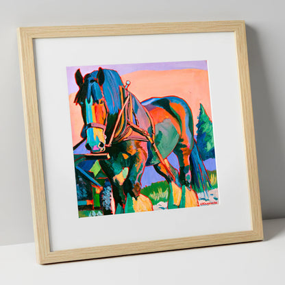 Vibrant Heavy Horse in Harness horse breed art print in natural frame
