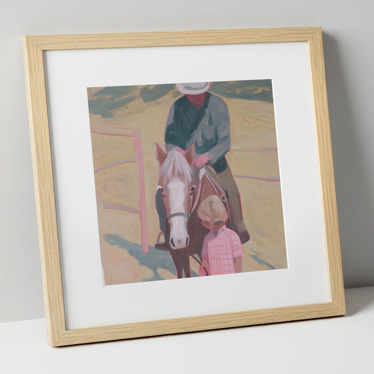 The Gentle Lesson horse & rider art print in natural frame