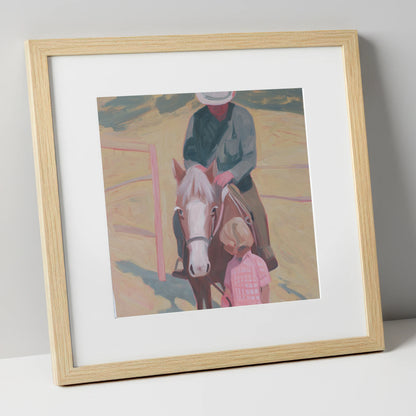 The Gentle Lesson horse & rider art print in natural frame
