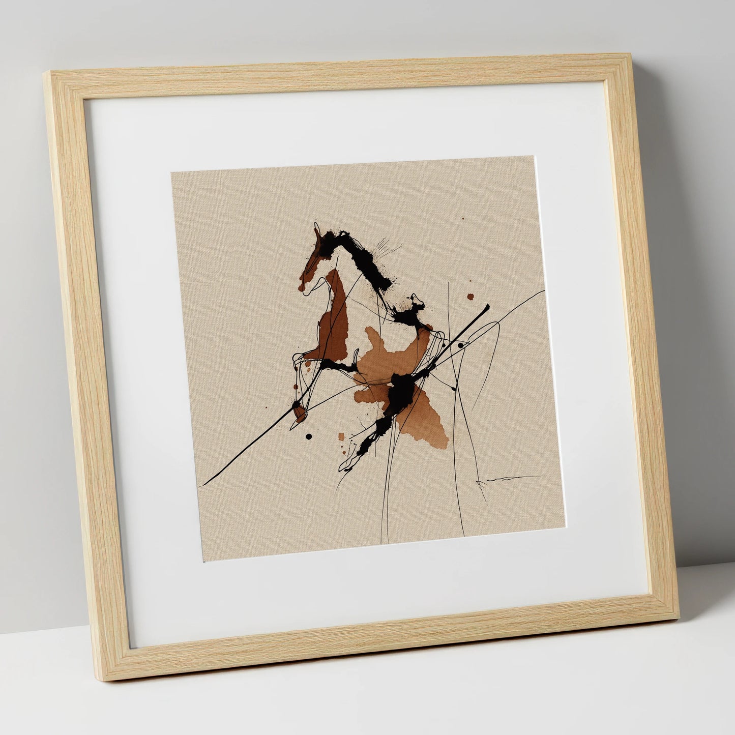 Abstract Rearing Stallion horse portrait art print in natural frame