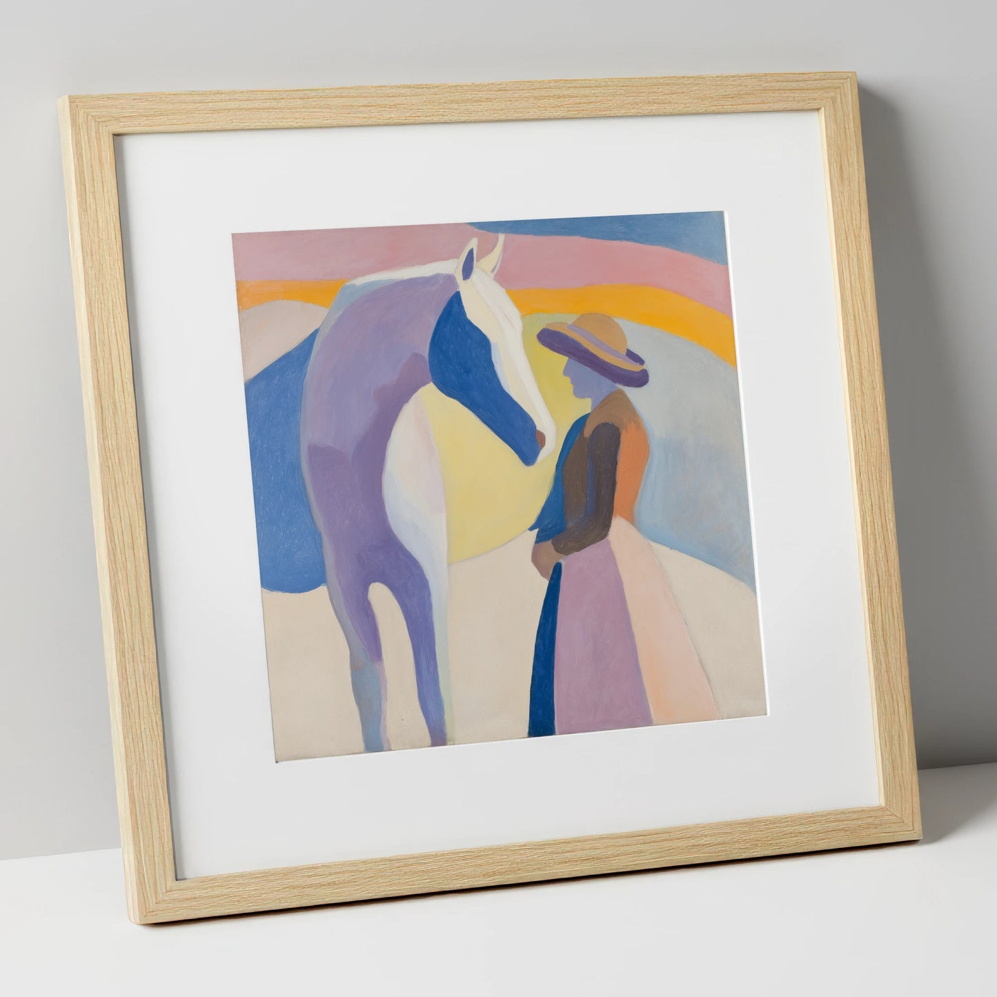 The Quiet Encounter horse & rider art print in natural frame