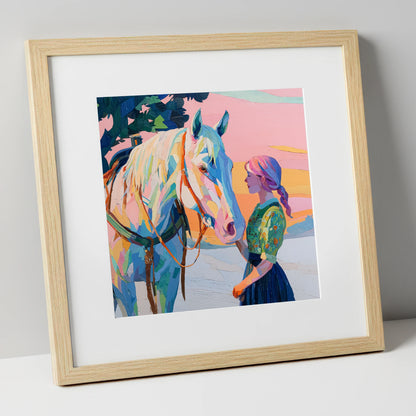 Vibrant Sunset Connection horse & rider art print in natural frame