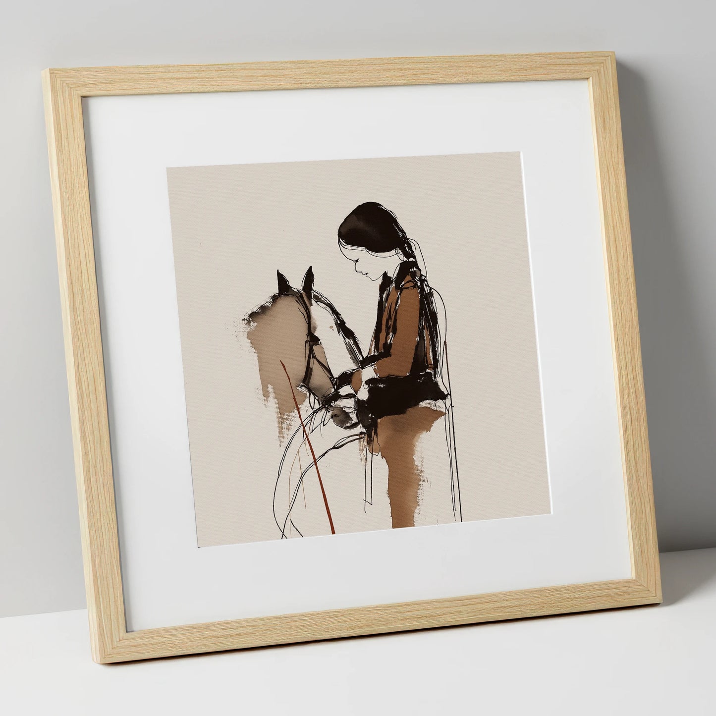 Silent Dialogue horse & rider art print in natural frame