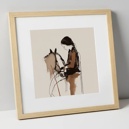 Silent Dialogue horse & rider art print in natural frame