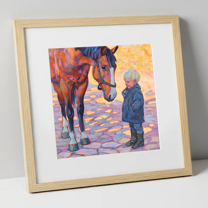 The Gentle Encounter horse & rider art print in natural frame