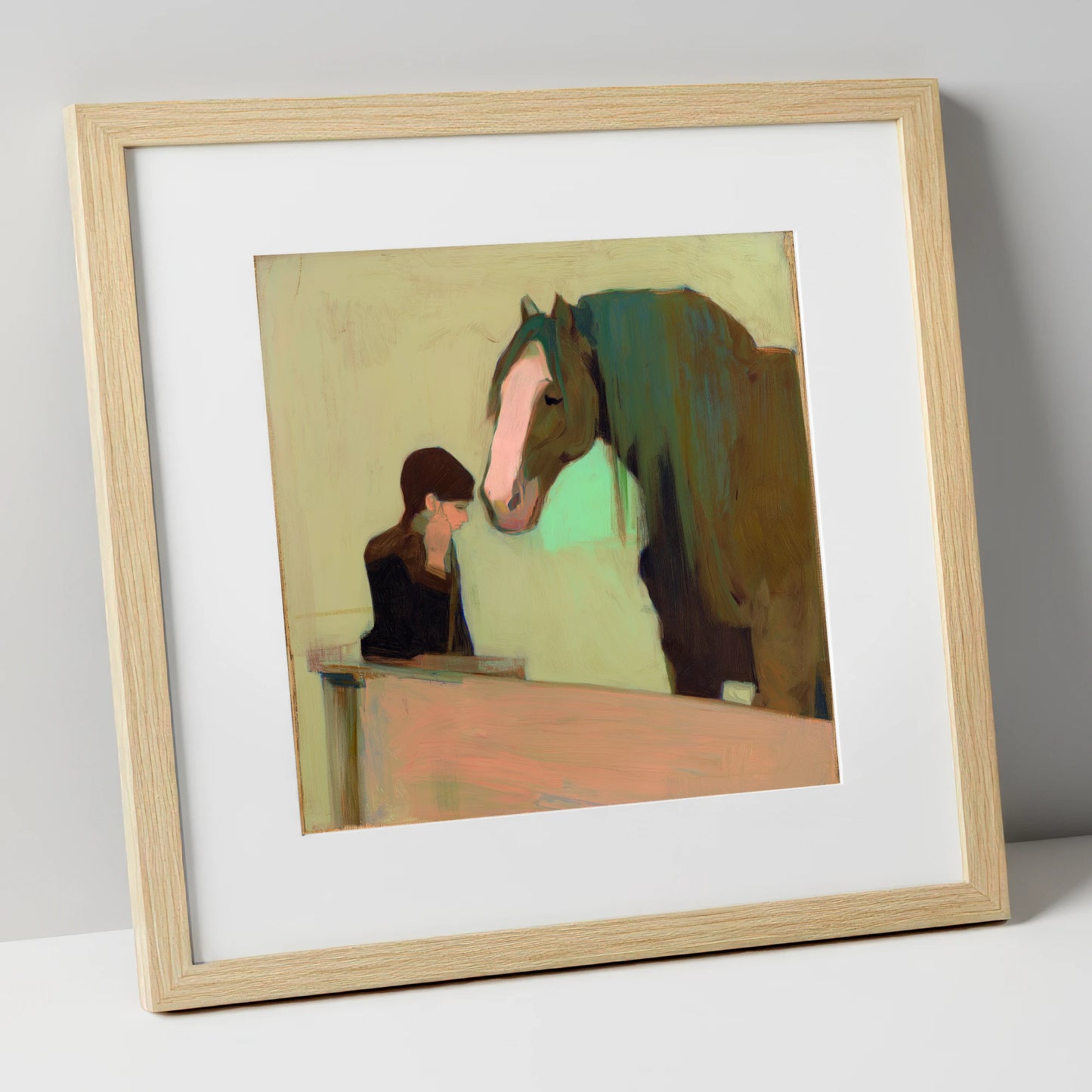 Silent Understanding horse & rider art print in natural frame