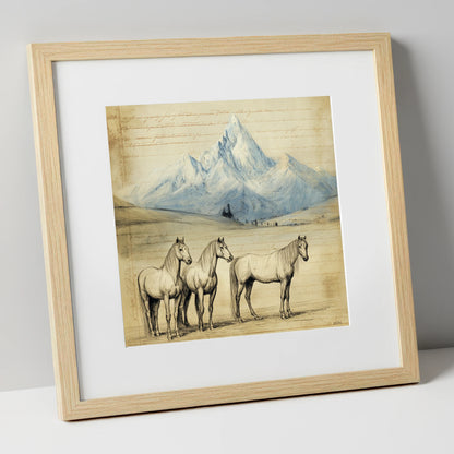 Alpine Journal Sketch horse landscape art print in natural frame