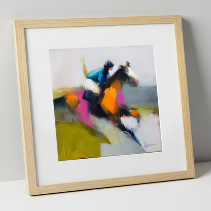 Thundering Colour racing horse art print in natural frame