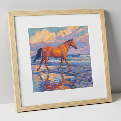 Vibrant Coastal Stroll horse landscape art print in natural frame