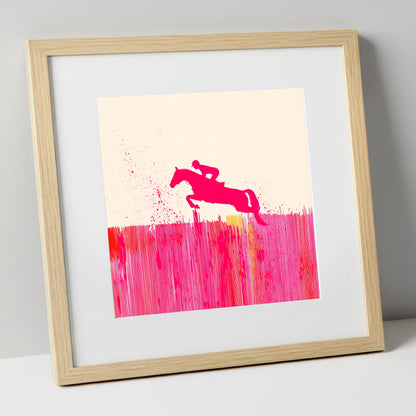 Vibrant Magenta Leap show jumping horse art print in natural frame