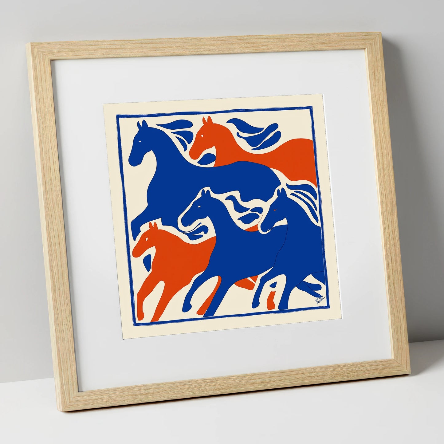 The Cobalt Herd wild horses art print in natural frame