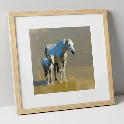 A Mother’s Quiet Watch mare & foal art print in natural frame