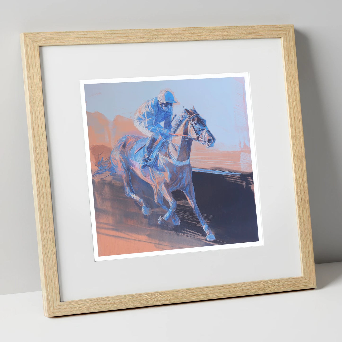 Indigo Stride racing horse art print in natural frame