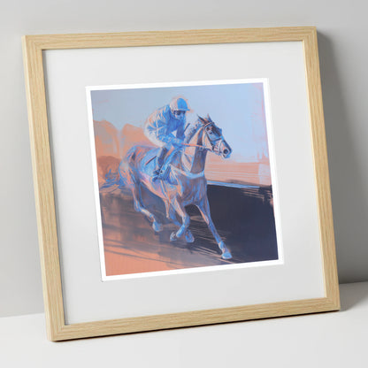 Indigo Stride racing horse art print in natural frame