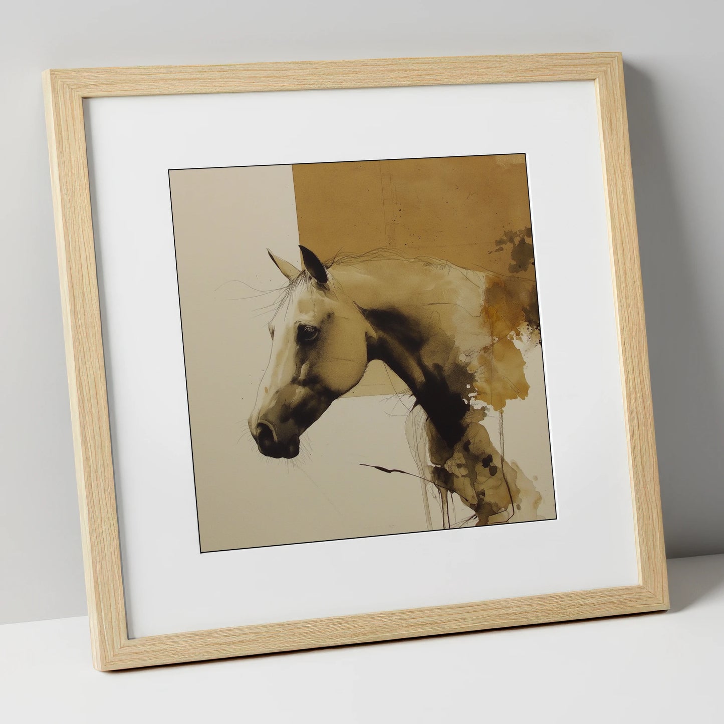 Expressive Sepia Profile horse breed art print in natural frame