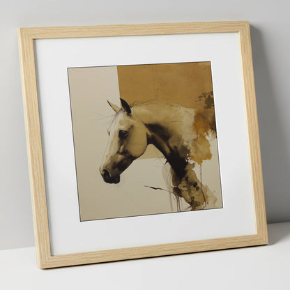 Expressive Sepia Profile horse breed art print in natural frame