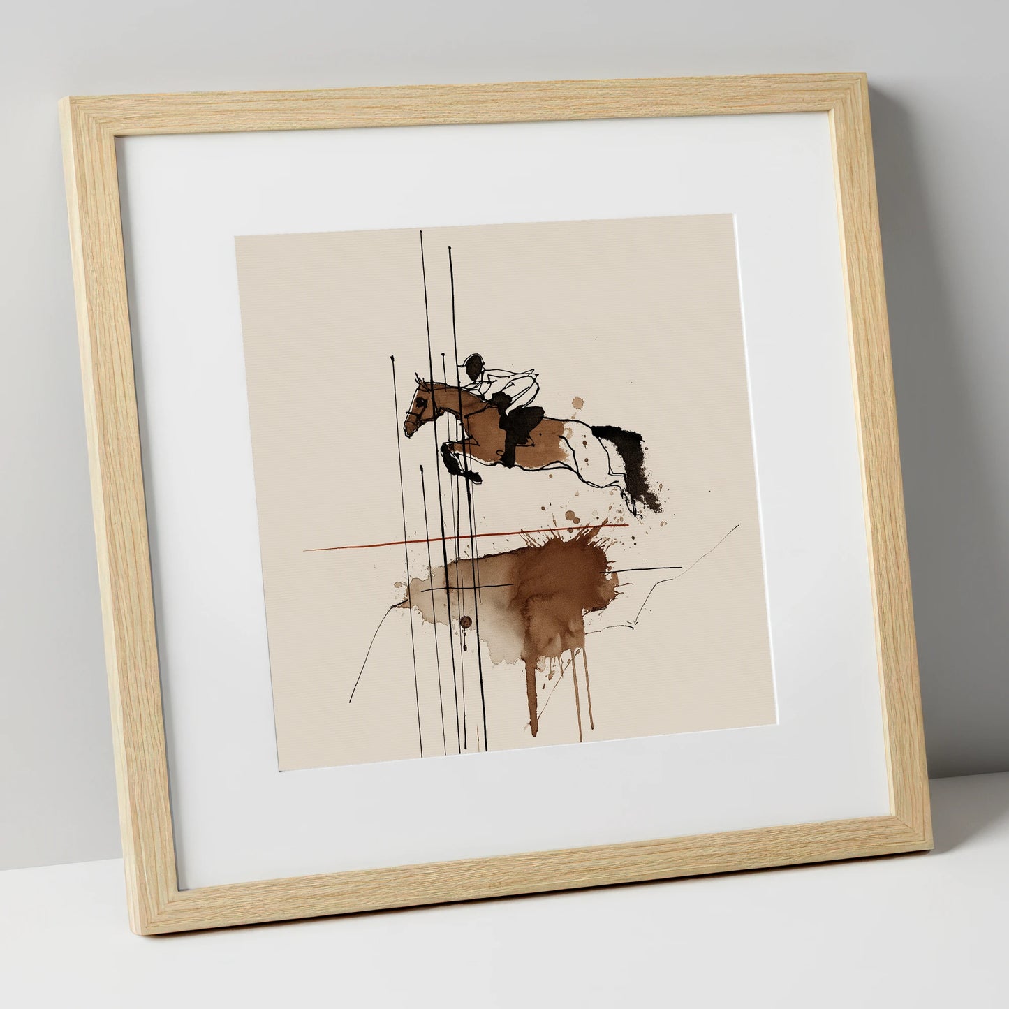 Dynamic Clearance show jumping horse art print in natural frame