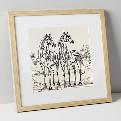 Architectural Equine Duo horse landscape art print in natural frame