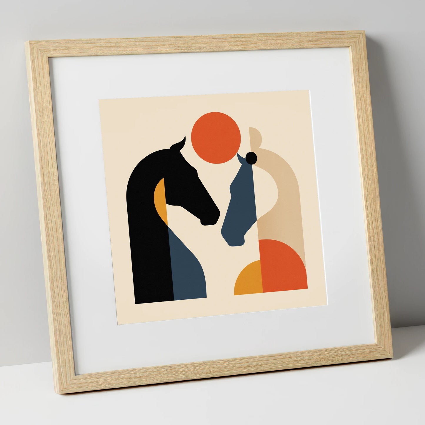 Mid-Century Equine Duo horse portrait art print in natural frame