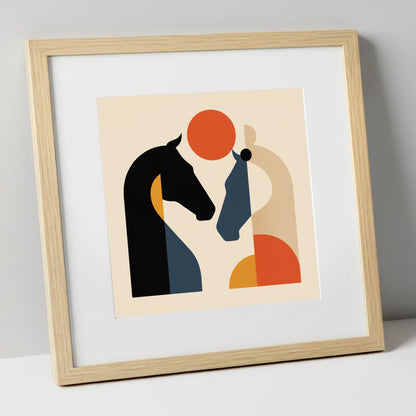 Mid-Century Equine Duo horse portrait art print in natural frame