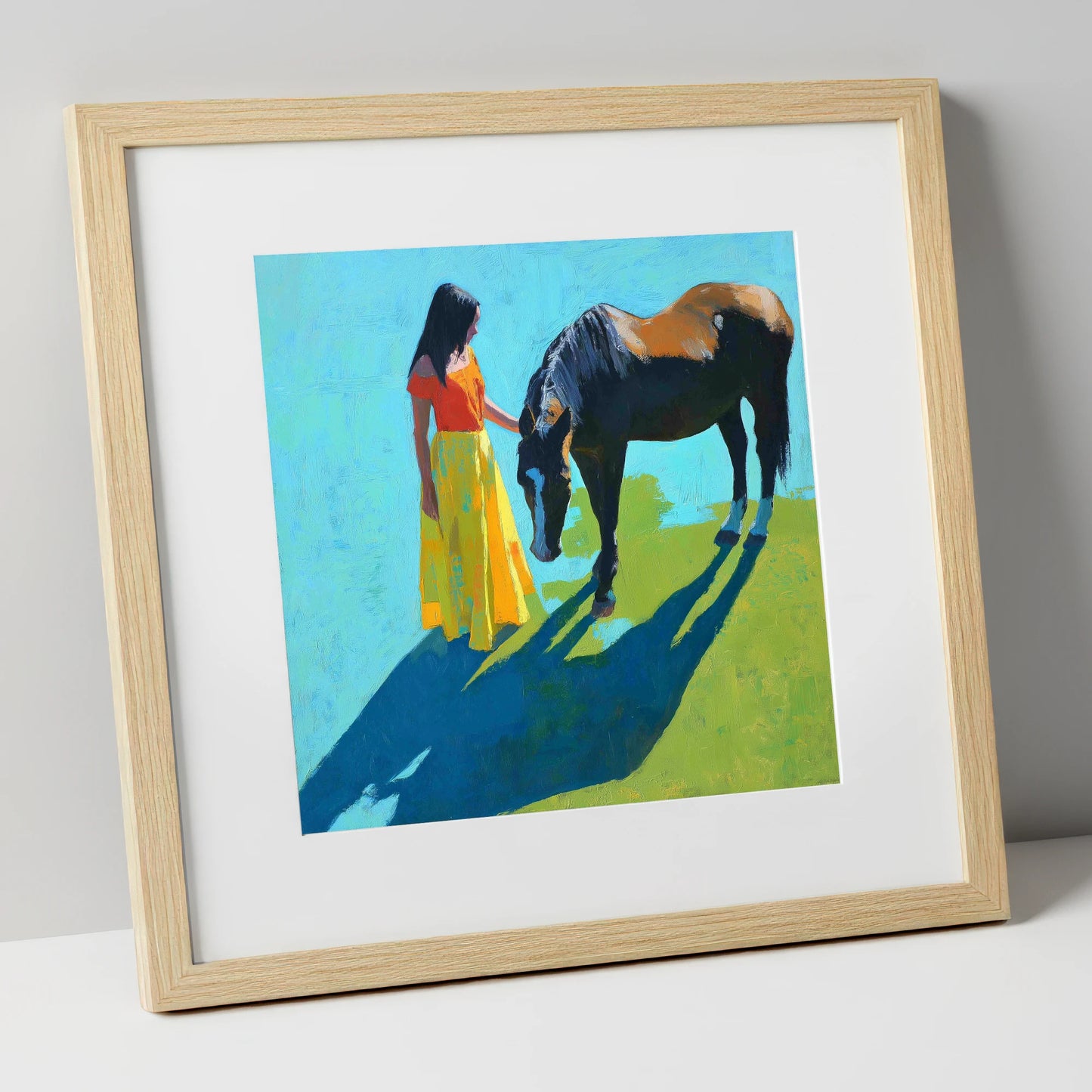 Sunlit Connection horse & rider art print in natural frame
