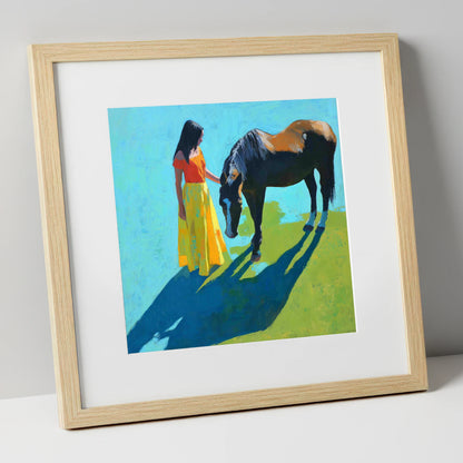 Sunlit Connection horse & rider art print in natural frame