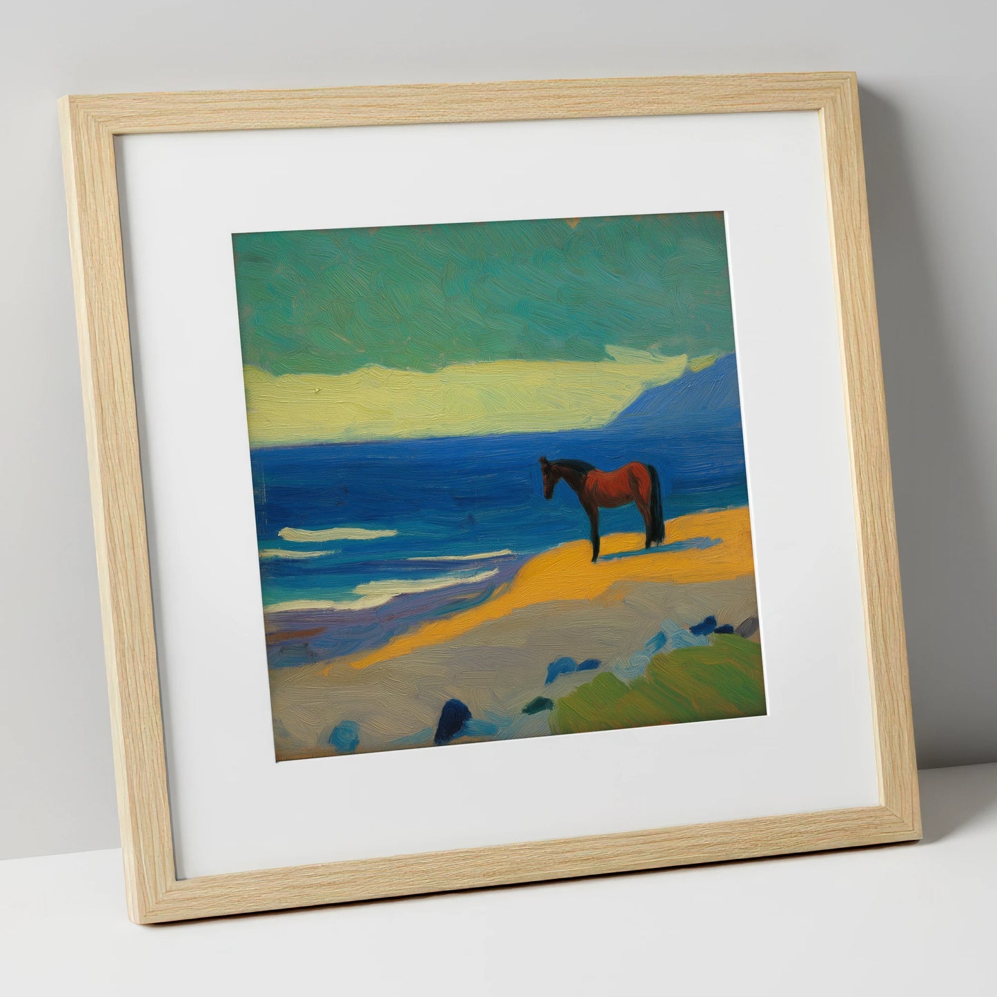 Azure Shoreline Stillness horse landscape art print in natural frame
