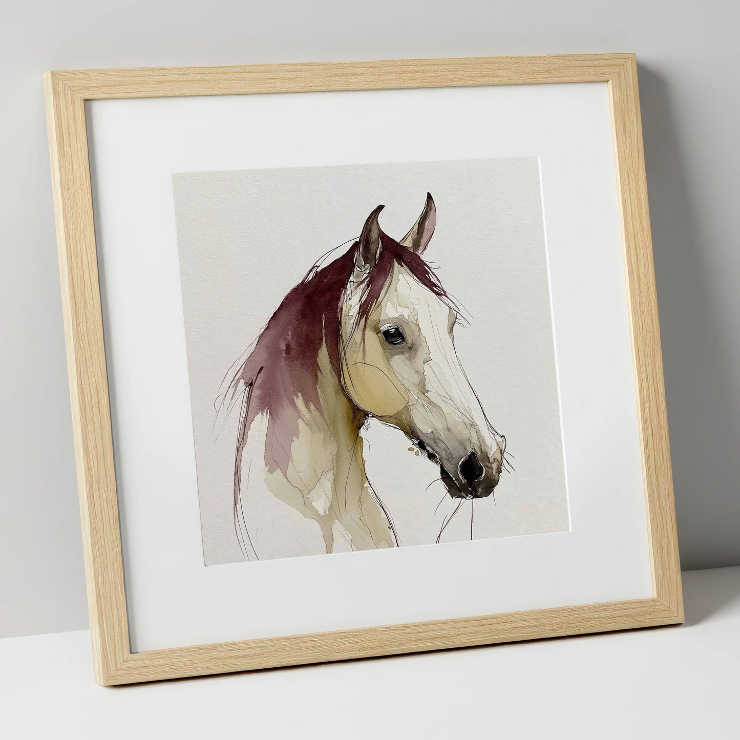 Elegant Plum Wash Portrait horse portrait art print in natural frame