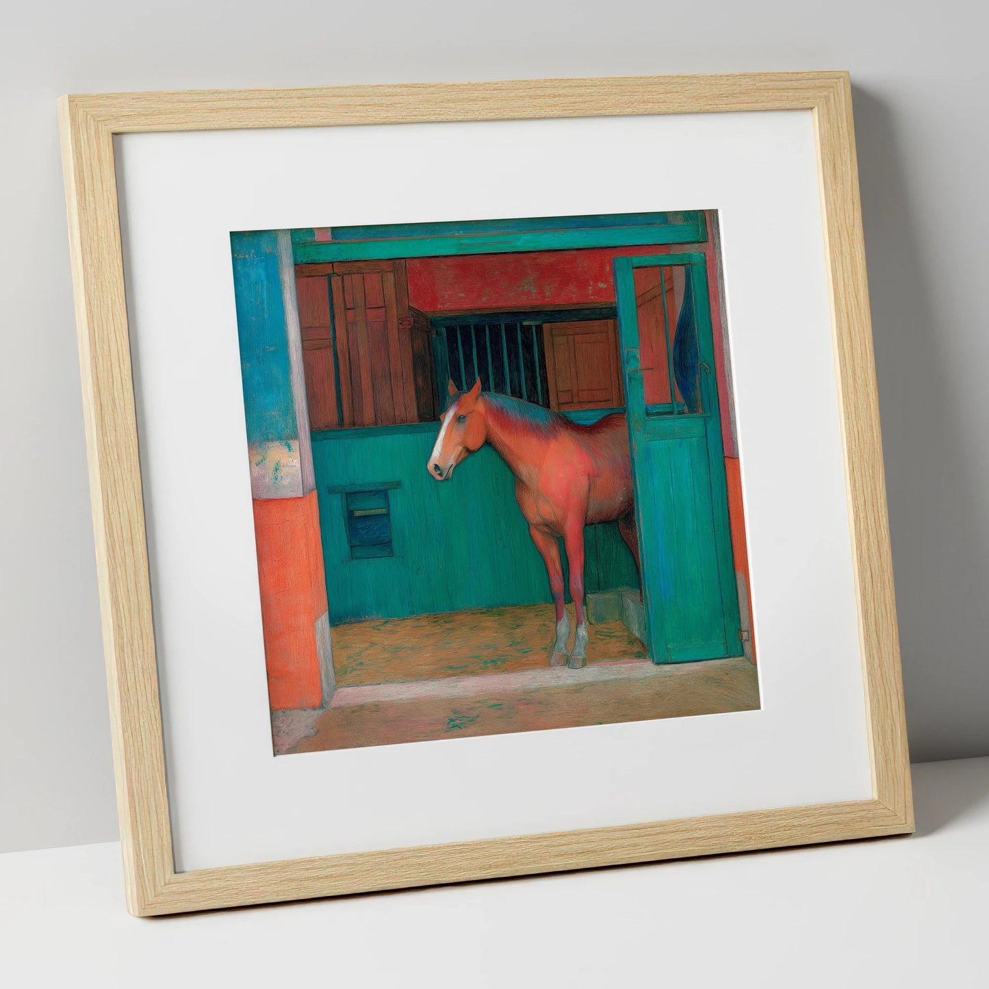 The Emerald Stable Door horse stable art print in natural frame