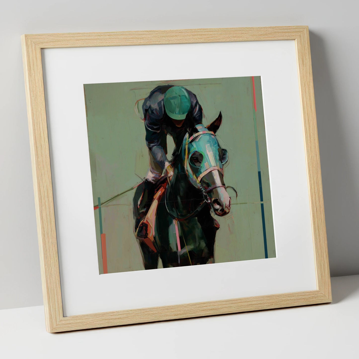Blinkered Focus racing horse art print in natural frame