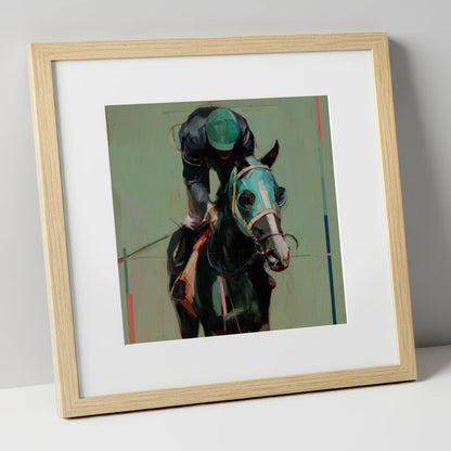 Blinkered Focus racing horse art print in natural frame