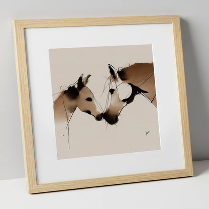 A Quiet Connection mare & foal art print in natural frame